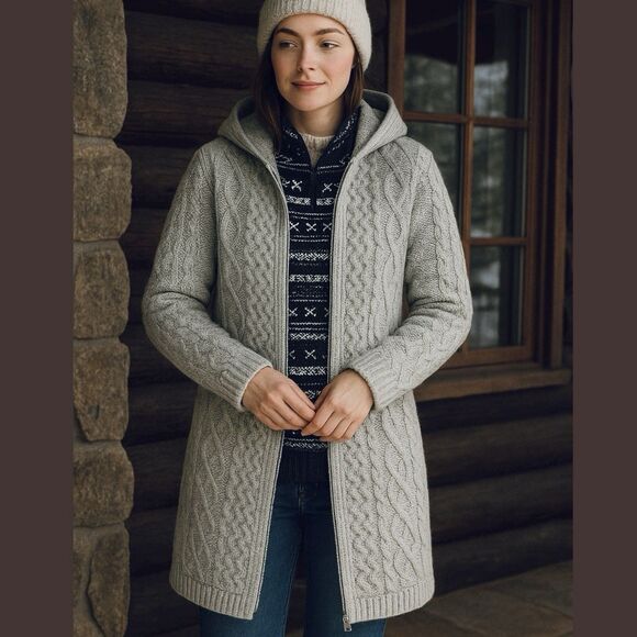 Aran Crafts Womens Irish Cable Knit Merino Wool Hooded Coat Sweater S Fisherman - Picture 1 of 11